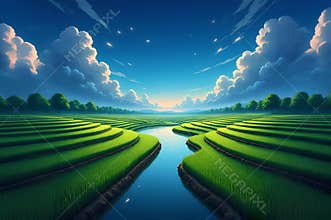 Vibrant Anime Landscape of Winding River Through Rice Fields