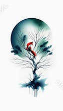 Red fox on an indigo tree aquarelle watercolor art on a white background