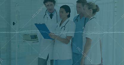 Nurse extending clipboard for patient review, physician pointing, team marking checkbox dispersing