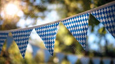 Blue and white diamond patterned bunting flags