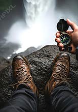 Adventurous Hiker with Compass Exploring Nature Near Waterfall, Travel and Exploration