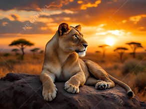 Majestic lioness resting on a rock at golden African savanna sunset wildlife scene
