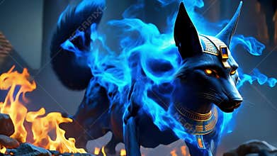 Ancient Egyptian mythical god Anubis in the form of a black jackal