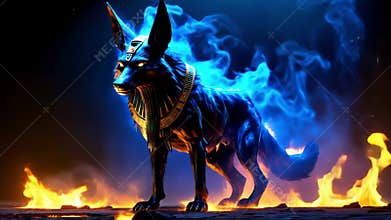 Ancient Egyptian mythical god Anubis in the form of a black jackal
