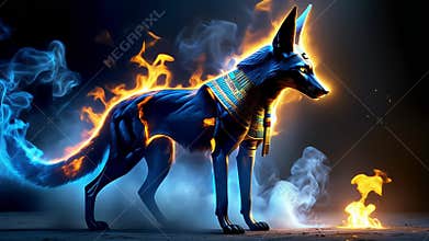Ancient Egyptian mythical god Anubis in the form of a black jackal