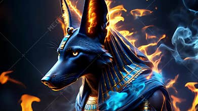 Ancient Egyptian mythical god Anubis in the form of a black jackal