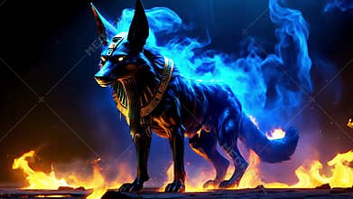 Ancient Egyptian mythical god Anubis in the form of a black jackal
