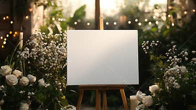 canvas welcome sign mockup, white Wedding on wooden easel with floral decoration and string lights in the background