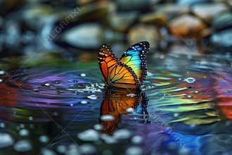 Rainbow butterfly emerging out of the water