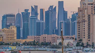View from Katara Beach timelapse in Doha, Qatar, towards the West Bay and city center