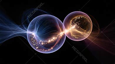 Abstract Quantum Entanglement Glowing Spheres Connected by Energy Waves, Showcasing Vibrant Colors and Mystery of Physics and
