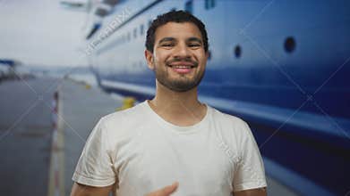 Man tilts head, furrows brow and shows open palm gesture at massive blue cruise ship in port; confusion