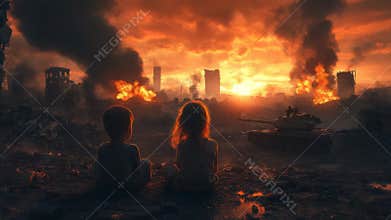 Children watching burning war zone at sunset with destroyed city and tank.