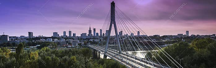 Warsaw city panorama at dusk time