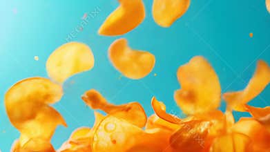 Crispy golden potato chips falling against a vibrant blue background creating a light and airy snack concept
