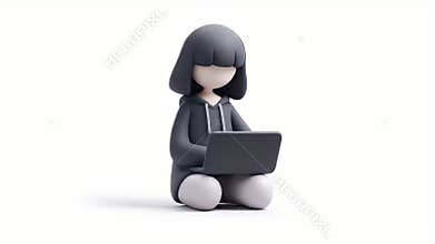 Cute Cartoon Girl Using Laptop Computer