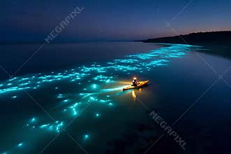 Kayaker with Lantern Creating a Glowing Bioluminescent Wake
