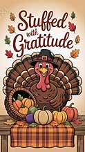 Thanksgiving turkey with a cornucopia showcasing autumn harvest and gratitude themes