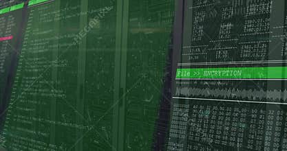 Overlay sweeping patterned racks monitoring encryption: code scrolling waveform pulsing hex dumping