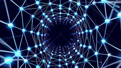 Futuristic rotating plexus tunnel with glowing nodes and lines creates a mesmerizing technological background ideal for big data