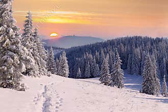 Beautiful winter sunrisein mountains.