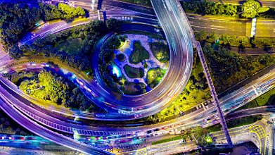 Colorful Night City Highway Intersection Above Top View Time Lapse 4k