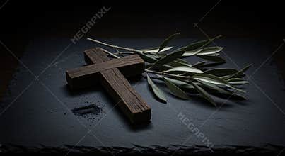 Rustic wooden cross and olive branch on dark slate surface with subtle lighting