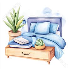 Cozy white themed bedroom clipart featuring a modern bed with soft blue bedding, decorative plants, and stylish