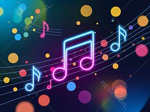 Colored Neon Music Note Illustration with Bokeh Abstract Background for Digital Music Theme