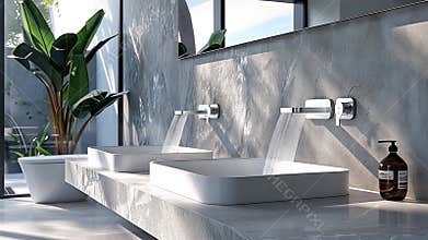 Stylish sinks with flowing water are lit by natural light in a modern bathroom
