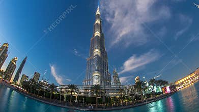 Burj Khalifa facade day to night timelapse fisheye.