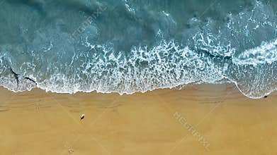 Aerial view of ocean waves and sandy beach with seagulls, A serene aerial view capturing gentle ocean waves washing onto