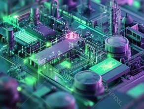 Image depicts a stylized, glowing CPU with intricate components transistors, capacitors, possibly heat sinks in a