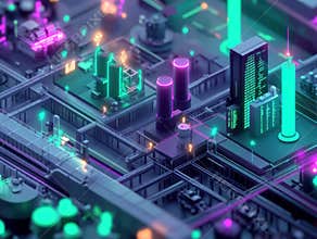 A stylized industrial scene with futuristic architecture, featuring factories, pipes, ducts, towers, and neon lighting