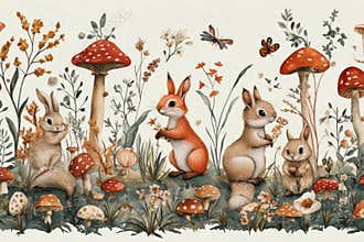 Forest animals enjoying a tranquil day among mushrooms and wildflowers in a vibrant natural setting