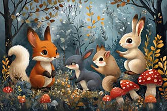 Forest animals enjoying a tranquil day among mushrooms and wildflowers in a vibrant natural setting