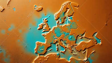 A textured relief map of europe showcasing its diverse countries in golden and teal hues, ideal for geopolitical or