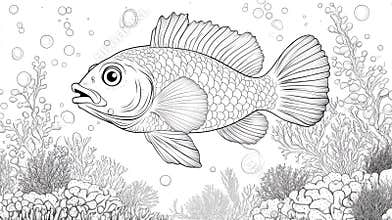 Grouper fish swimming over coral reef coloring page for adults and kids