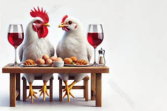 A couple of chickens at the dining table with glasses of wine. Space for text.