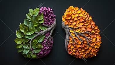 Nature-inspired lungs sculpture with colorful leaves and tree branches