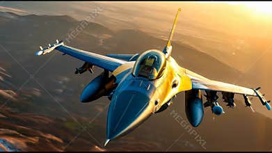 Dynamic F-16 Fighter Jet Flying High in Clear Blue Skies