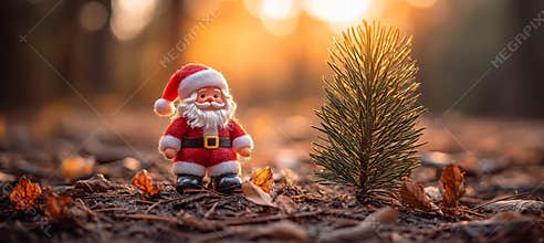 Santa with a new evergreen sapling representing holiday conservation and ecological regeneration.