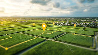 A top-down perspective of the area with indicators for land development and network integration.