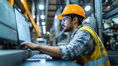 Industrial engineer working on computer in factory