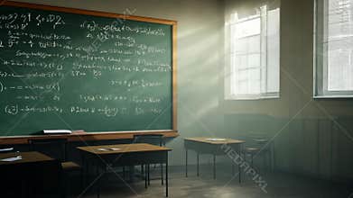 Chalkboard filled with mathematical equations in a dimly lit classroom