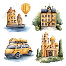 Colorful travel cliparts showcasing adventurous destinations including a hot air balloon, castles, a camper van, and