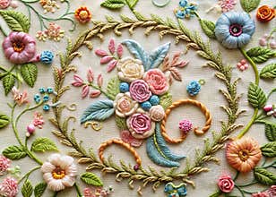 Delicate Pastel Floral Wire Embroidery VintageInspired Pattern with Intricate Stitched Letters and Borders