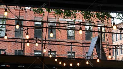 New York City building architecture, house exterior. Red brick facade. High line end, Chelsea, USA.