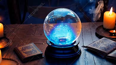Glowing blue magical crystal ball on a table in a witch's lair surrounded by candles.