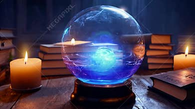 Glowing blue magical crystal ball on a table in a witch's lair surrounded by candles.
